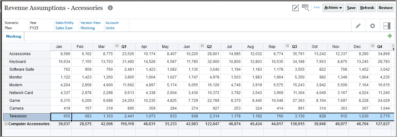 Revenue Form with row highlighted